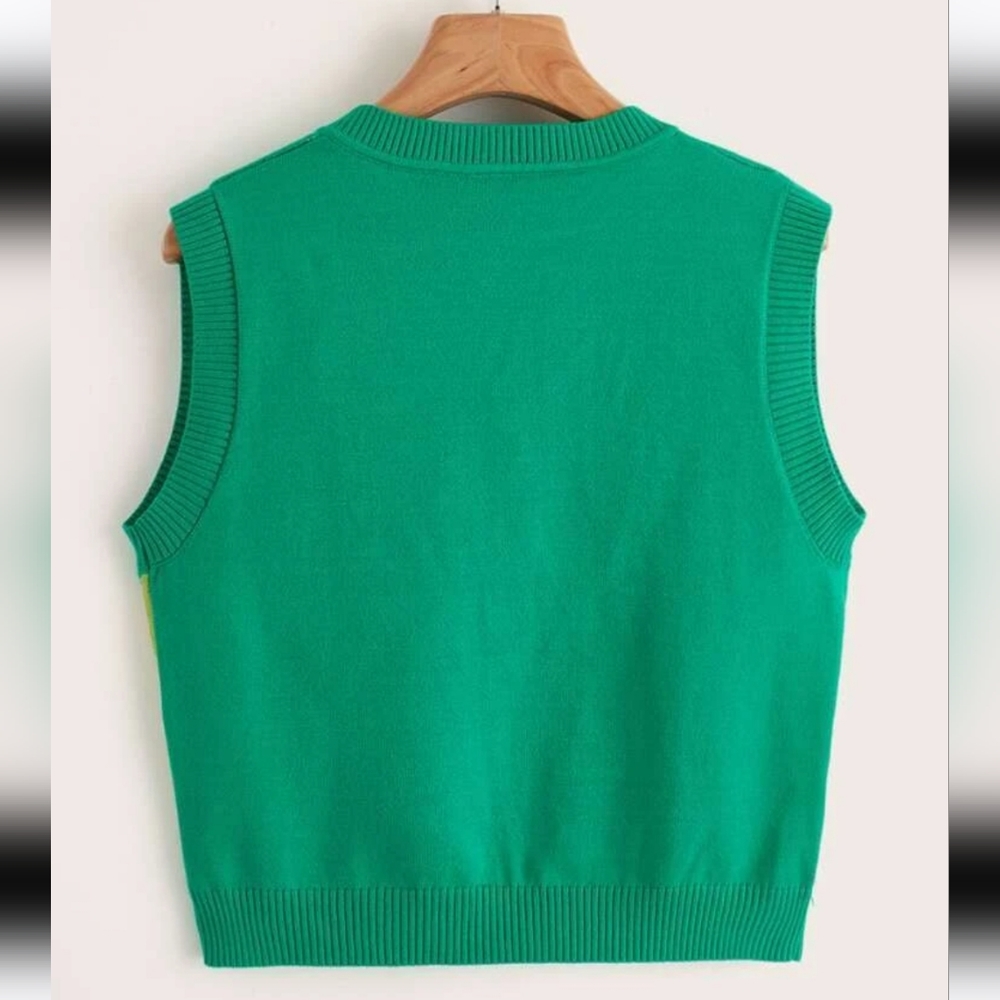 Mushroom Print V Neck Sweater Vest Springtime Green Red Sleeveless S-L - Picture 2 of 6